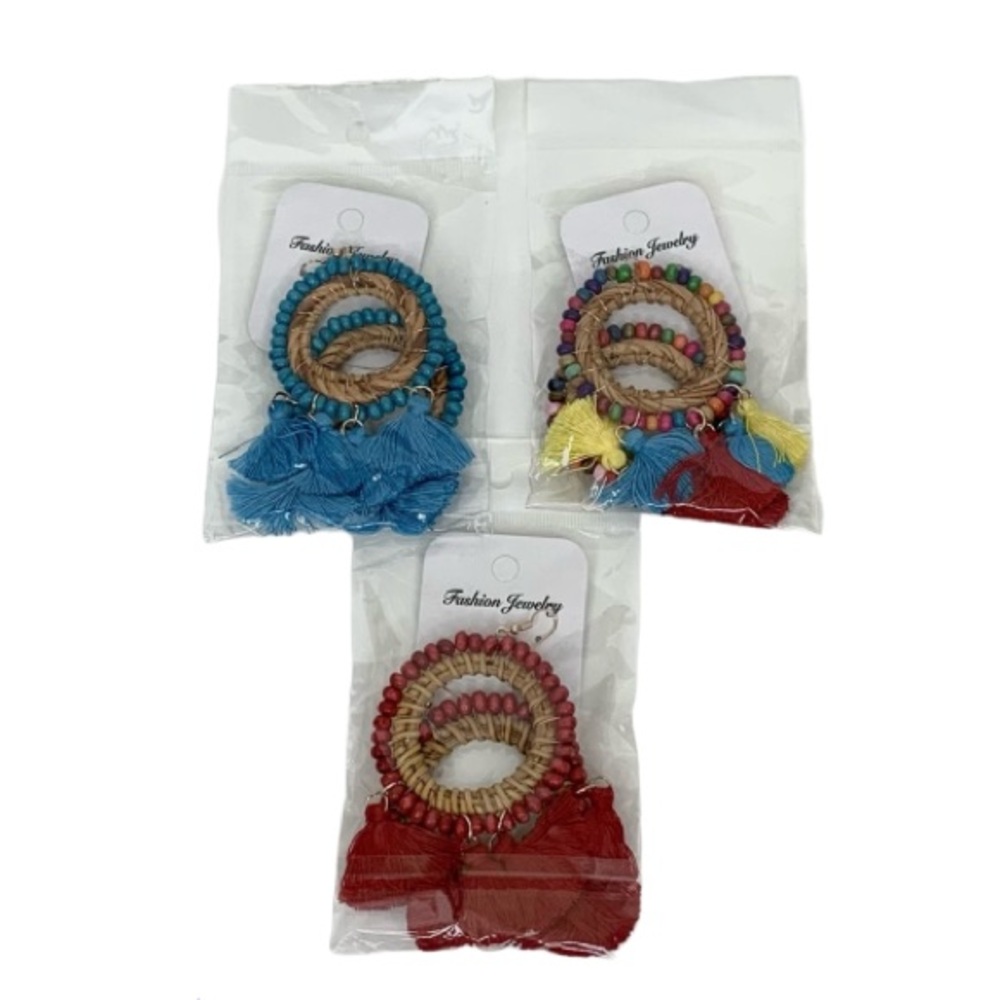 3 Pc Bundle Lot Calorvia Boho Wooden Beaded Rattan Cane Earrings Circle Tassel